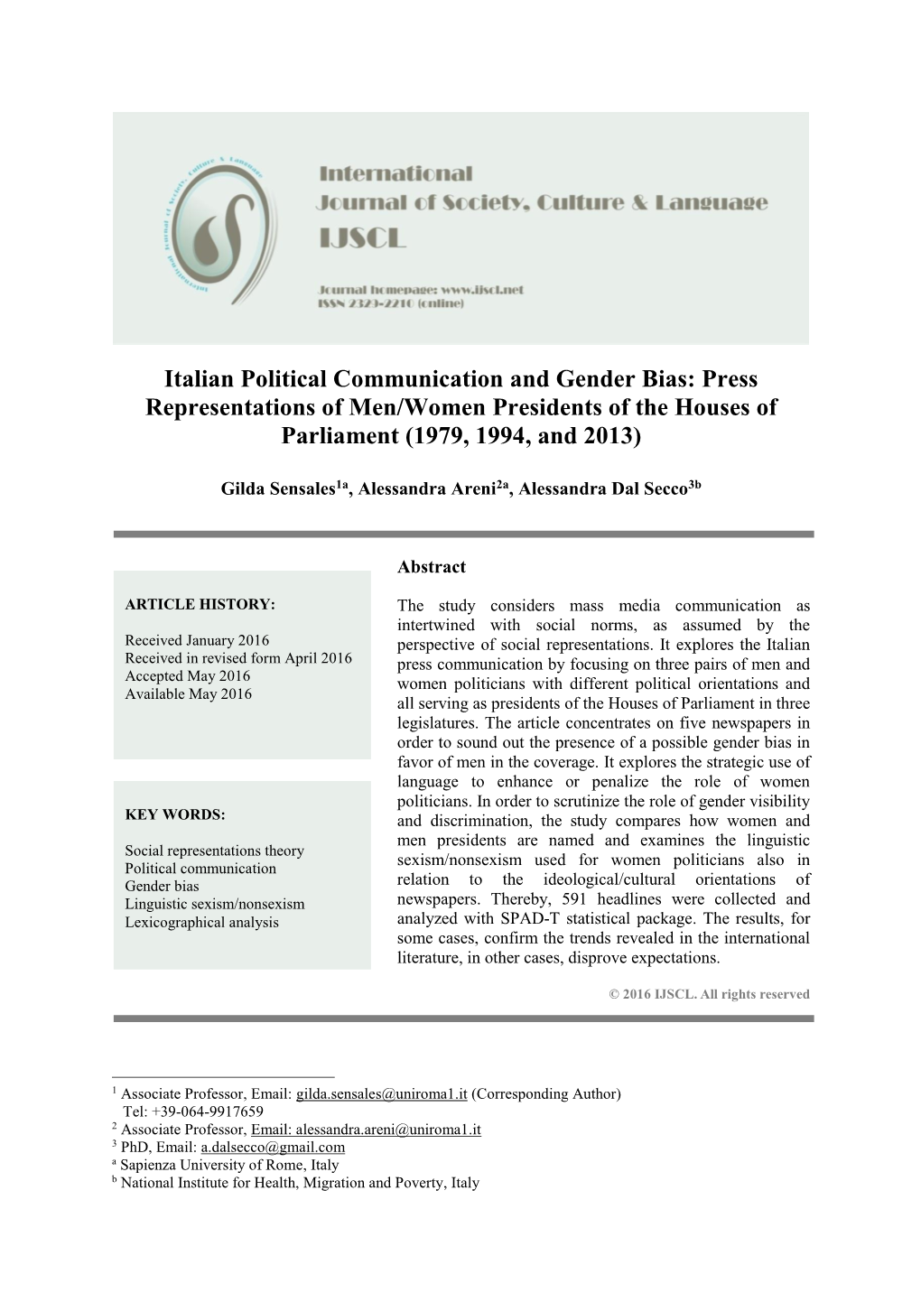 Italian Political Communication and Gender Bias: Press Representations of Men/Women Presidents of the Houses of Parliament (1979, 1994, and 2013)