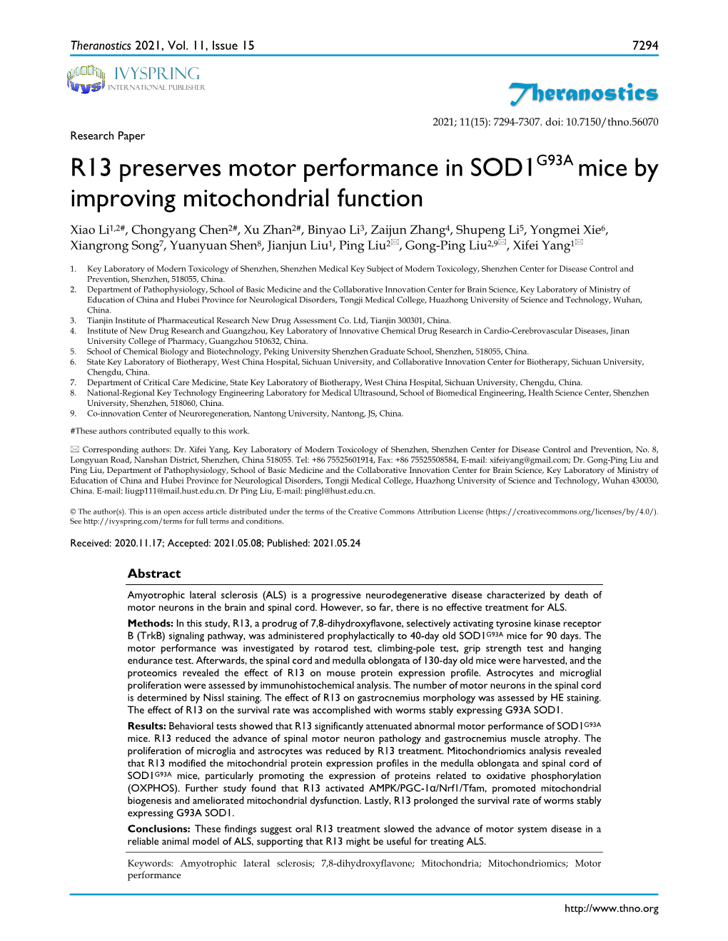 Theranostics R13 Preserves Motor Performance in SOD1G93A Mice By