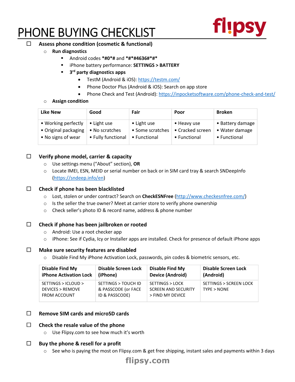 Flipsy Phone Selling Checklist