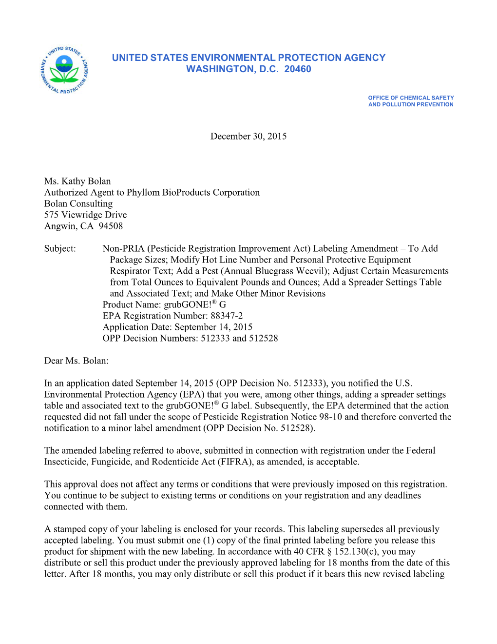 US EPA, Pesticide Product Label, GRUBGONE! G,12/30/2015