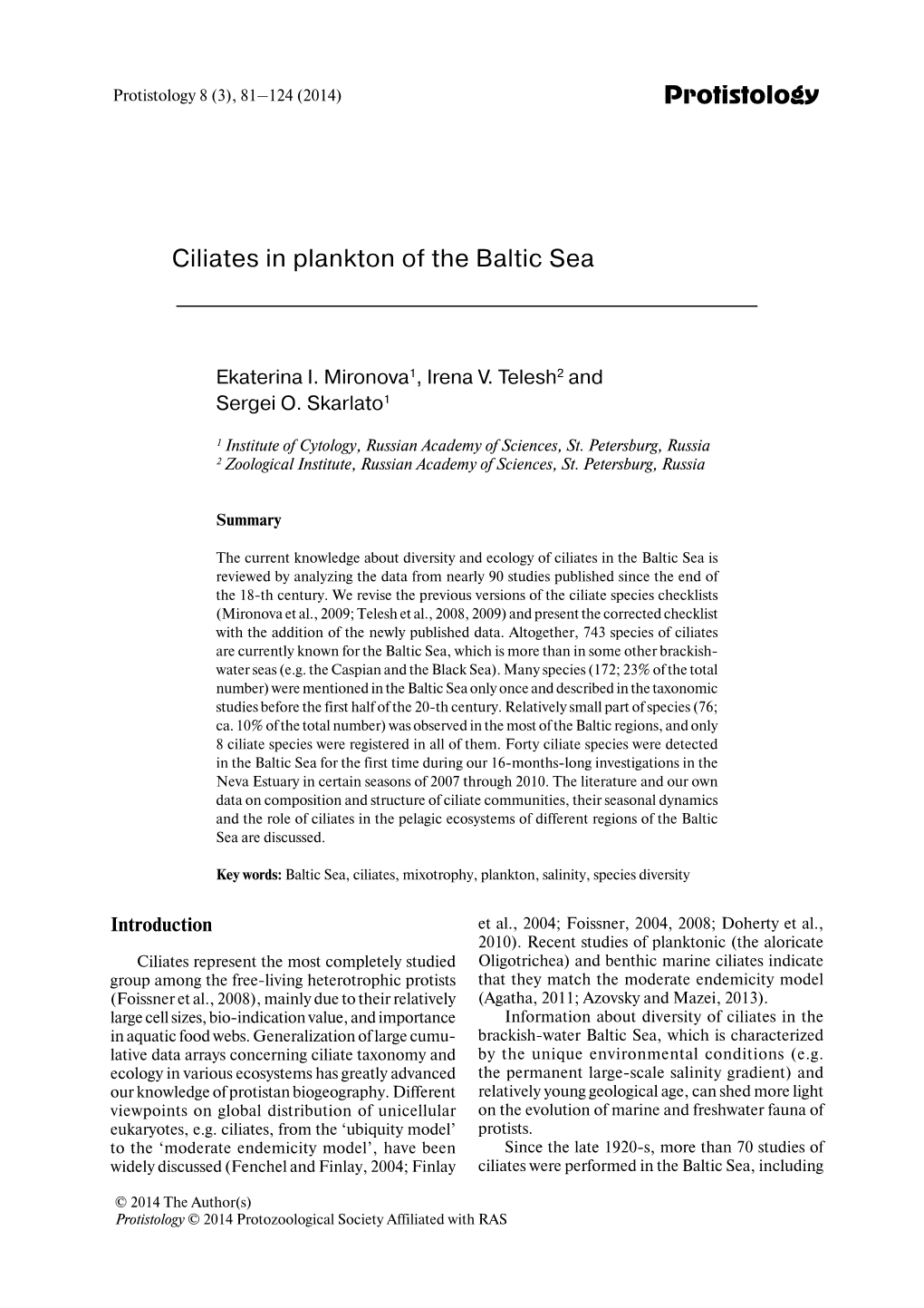 Protistology Ciliates in Plankton of the Baltic