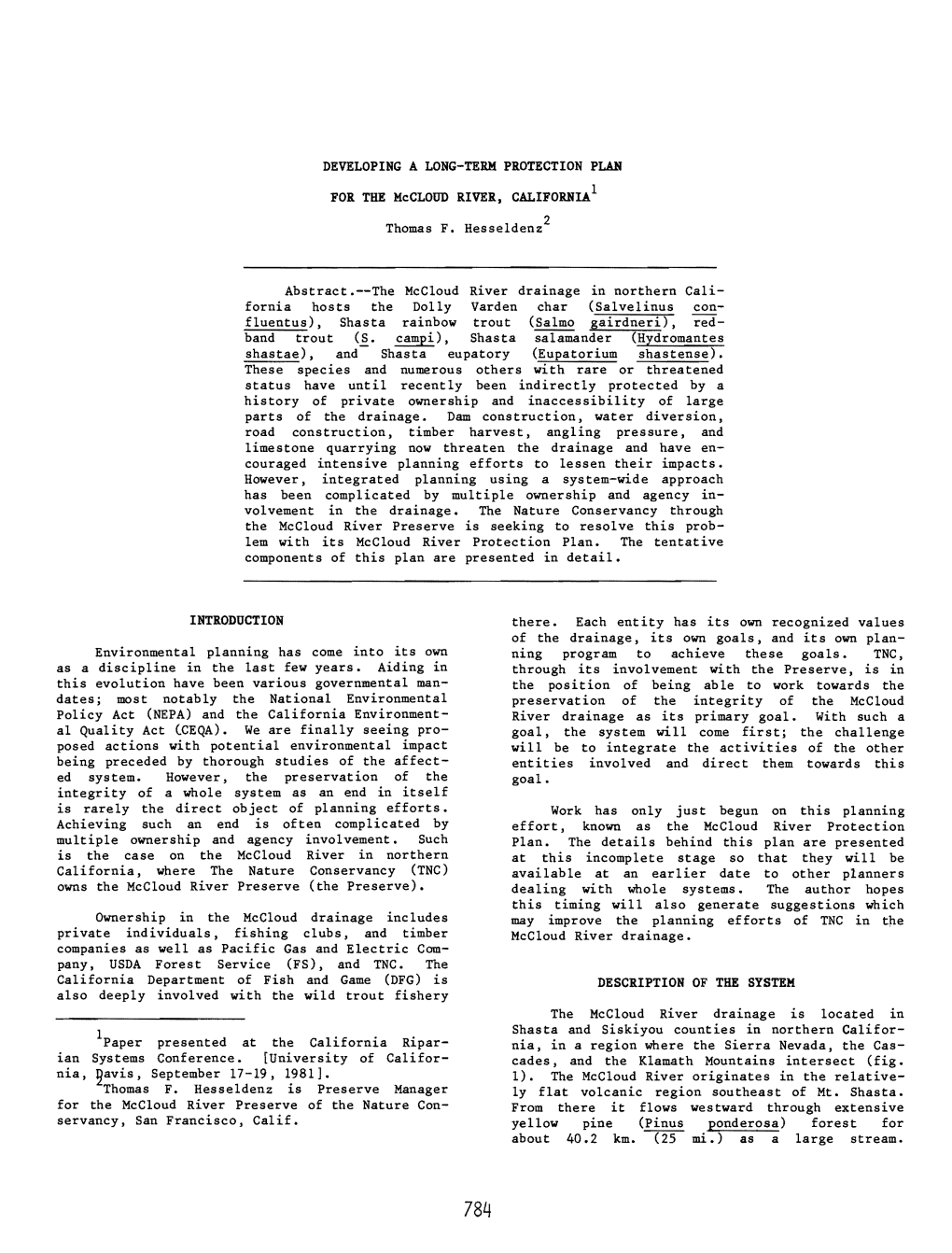 DEVELOPING a LONG-TERM PROTECTION PLAN for the Mccloud RIVER, CALIFORNIA1 2 Thomas F