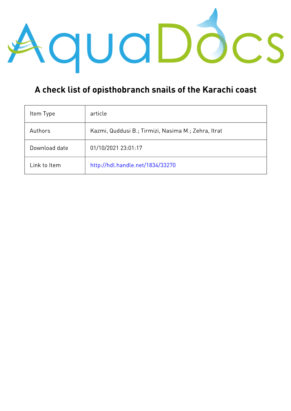 A Check List of Opisthobranch Snails of the Karachi Coast