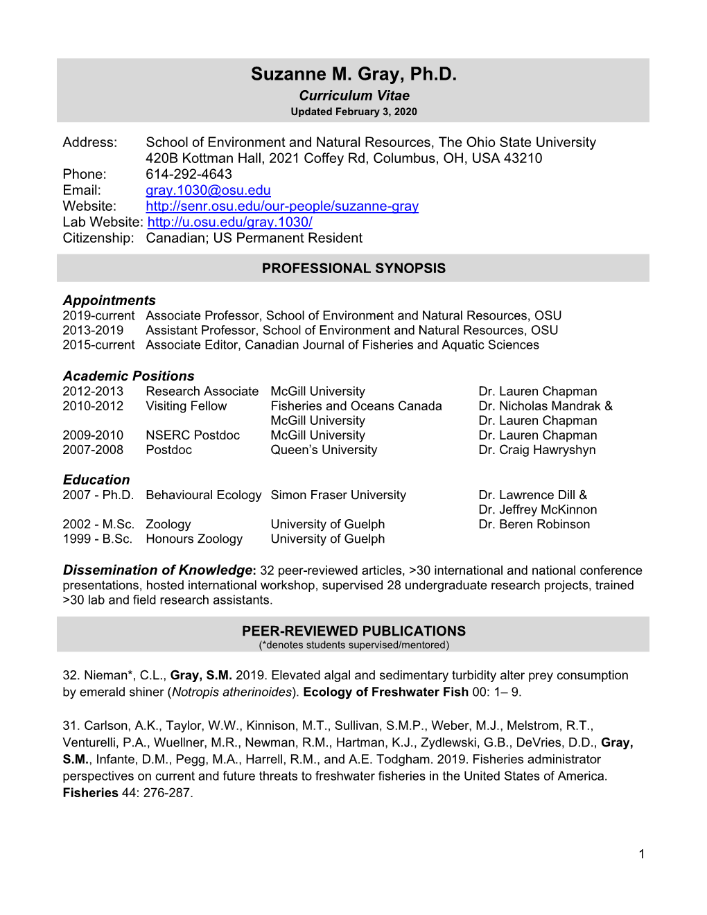 Suzanne M. Gray, Ph.D. Curriculum Vitae Updated February 3, 2020