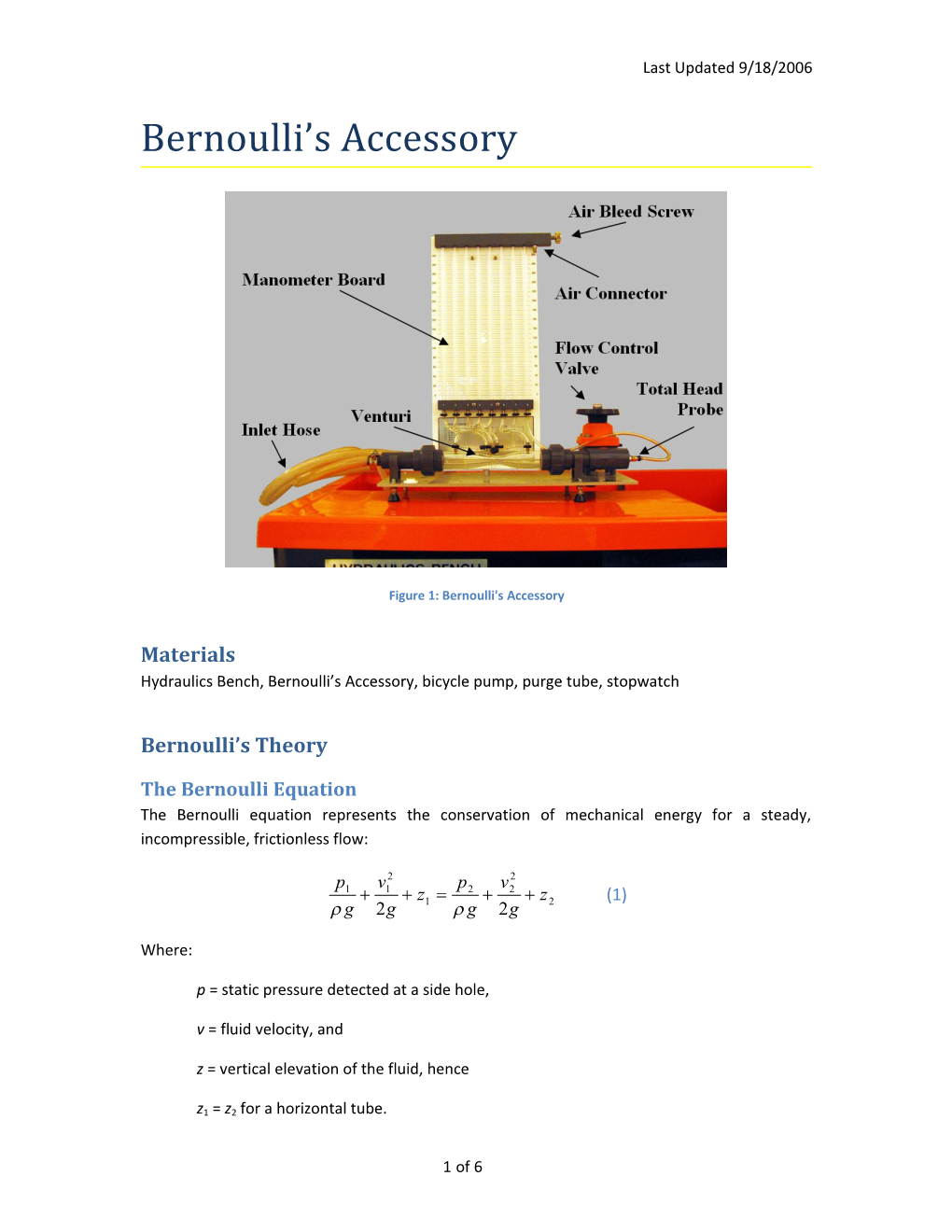 Hydraulics Bench, Bernoulli S Accessory, Bicycle Pump, Purge Tube, Stopwatch