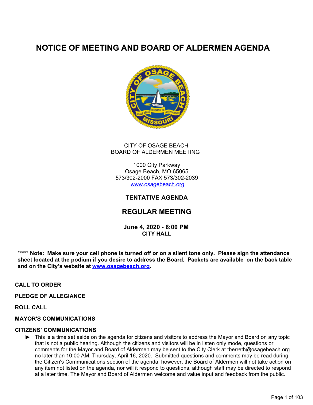 Notice of Meeting and Board of Aldermen Agenda