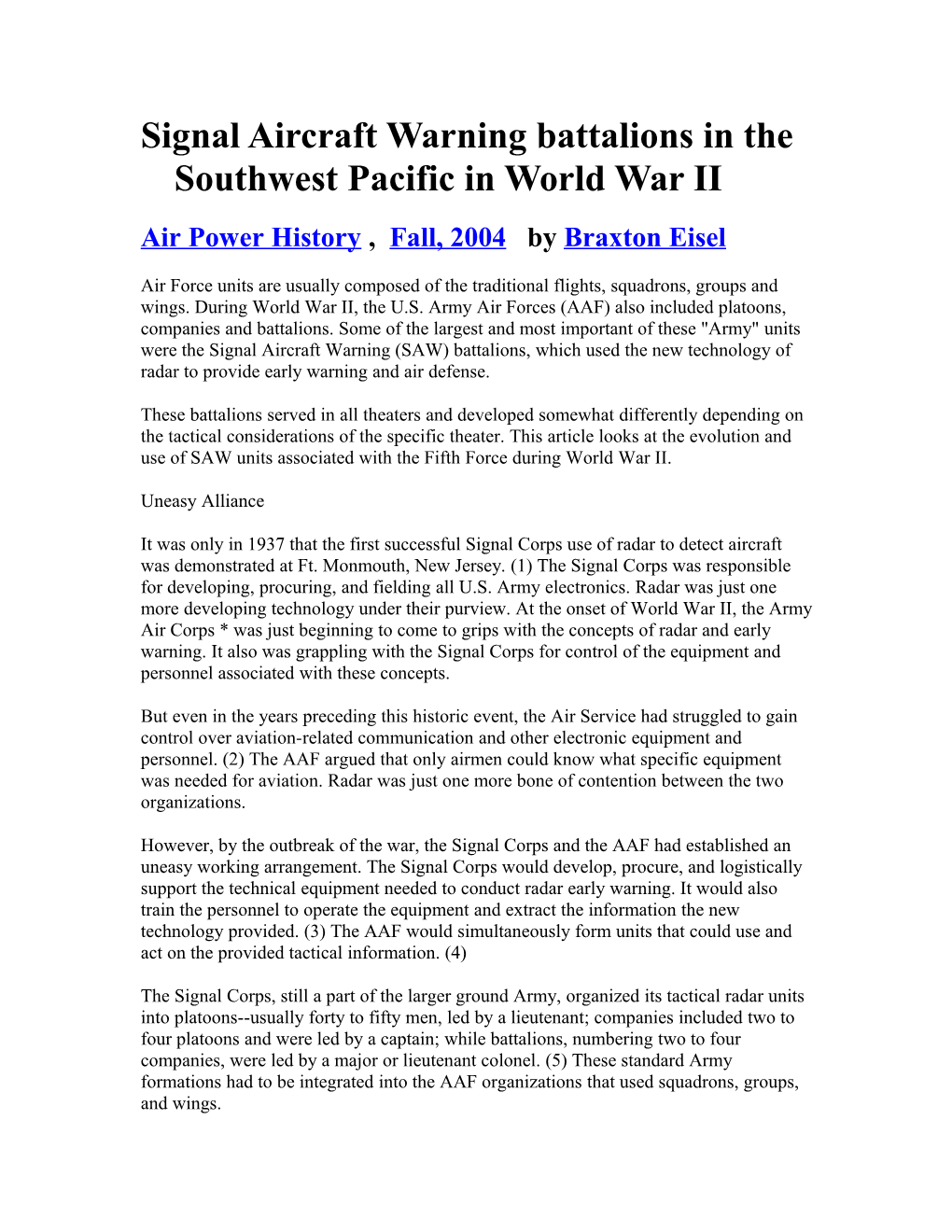 Signal Aircraft Warning Battalions In The Southwest Pacific In World War II