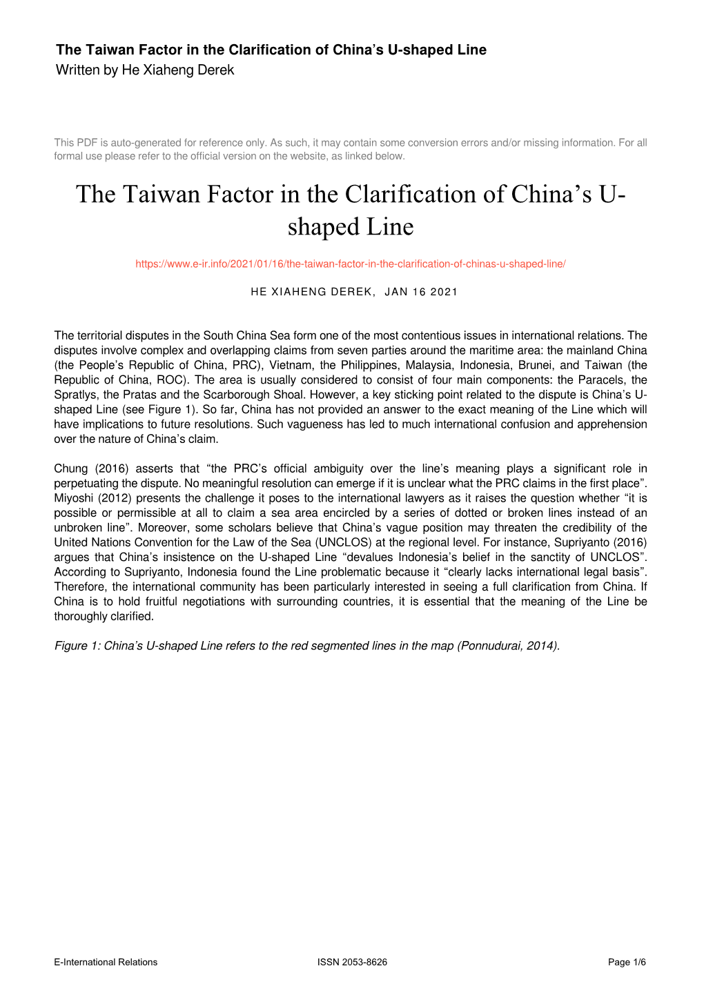 The Taiwan Factor in the Clarification of China's U-Shaped Line