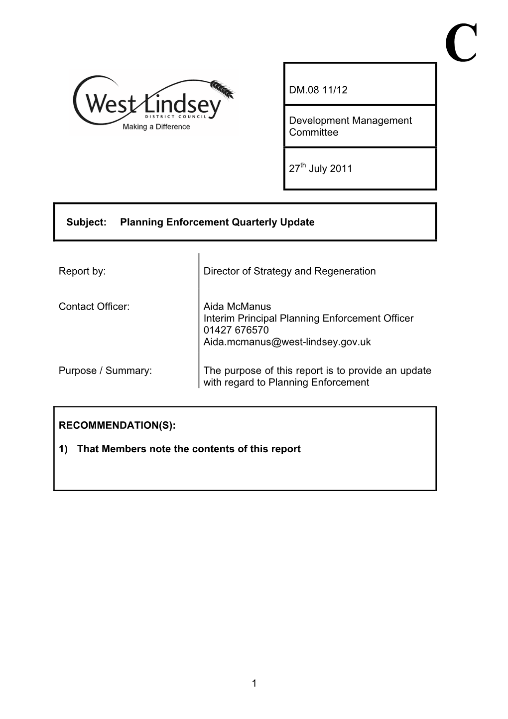 Planning Enforcement Quarterly Update Report By