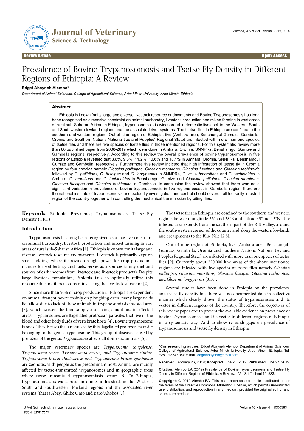 Prevalence of Bovine Trypanosomosis and Tsetse Fly Density in Different