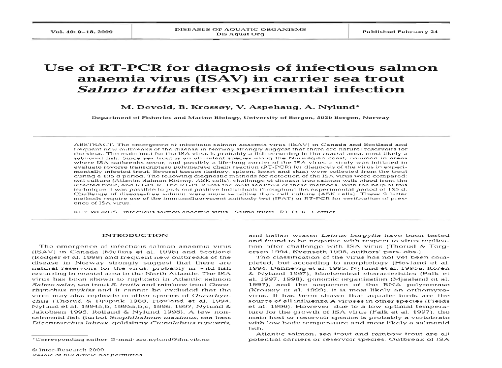 Use of RT-PCR for Diagnosis of Infectious Salmon Anaemia Virus (ISAV) in Carrier Sea Trout Salmo Trutta After Experimental Infection