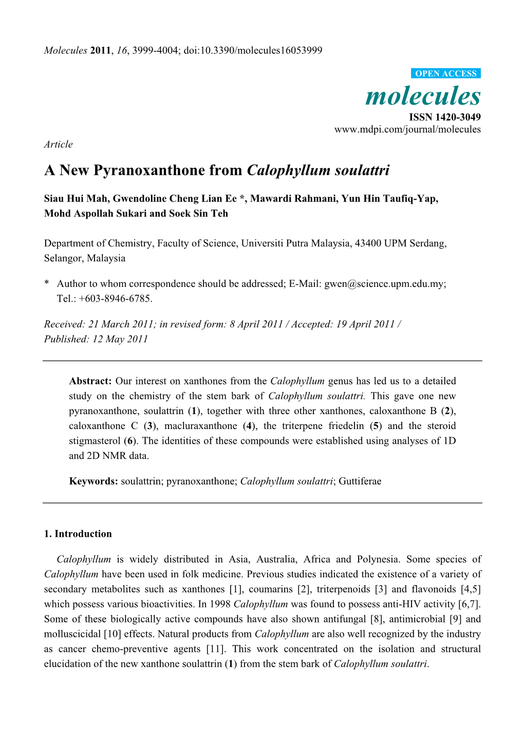 A New Pyranoxanthone from Calophyllum Soulattri