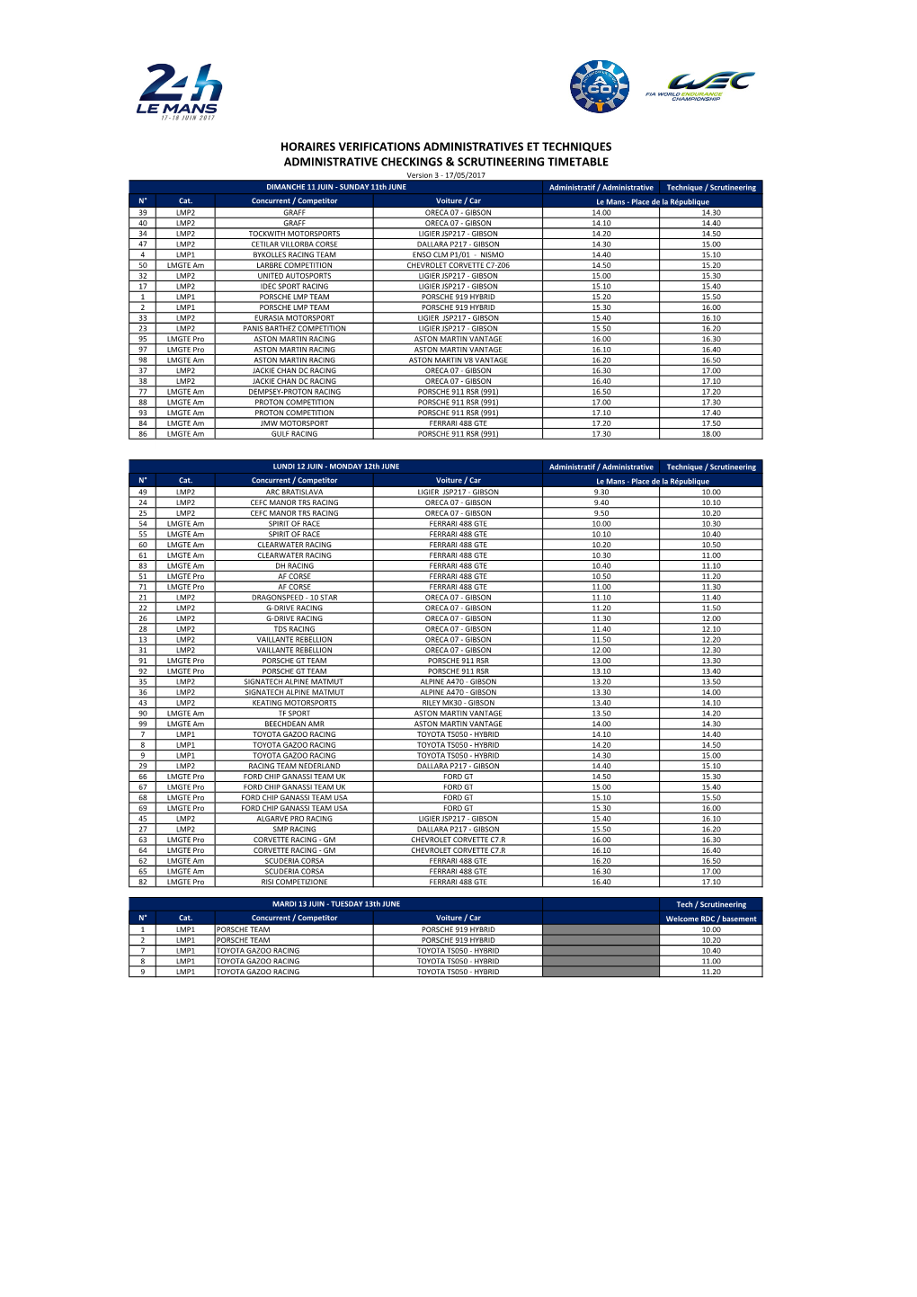 2017 24H Le Mans Scrutineering Timetable V3.Xlsx