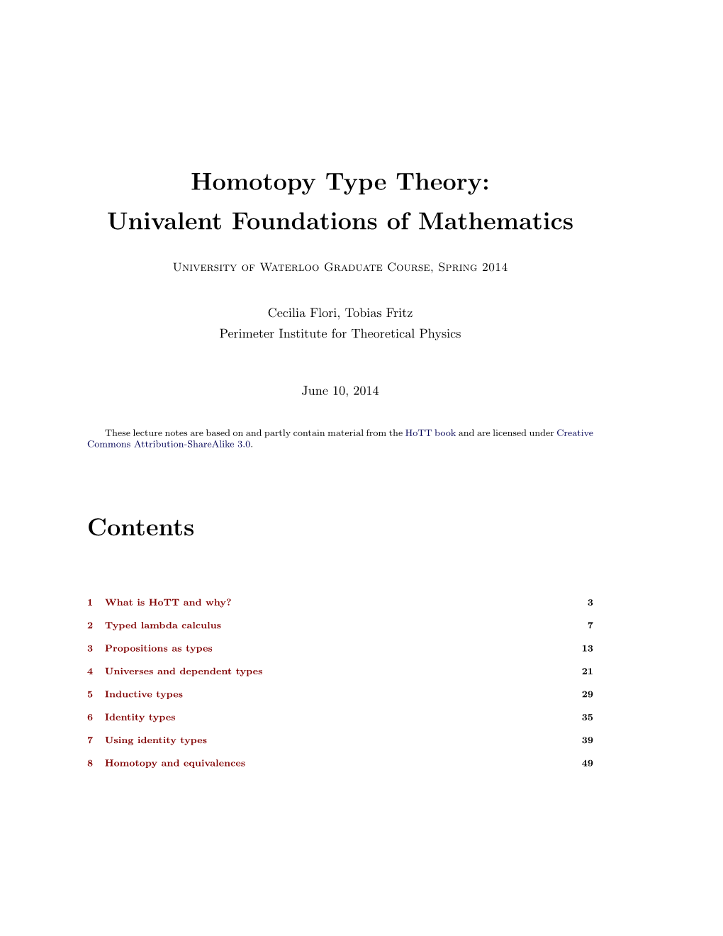 Homotopy Type Theory: Univalent Foundations of Mathematics Contents