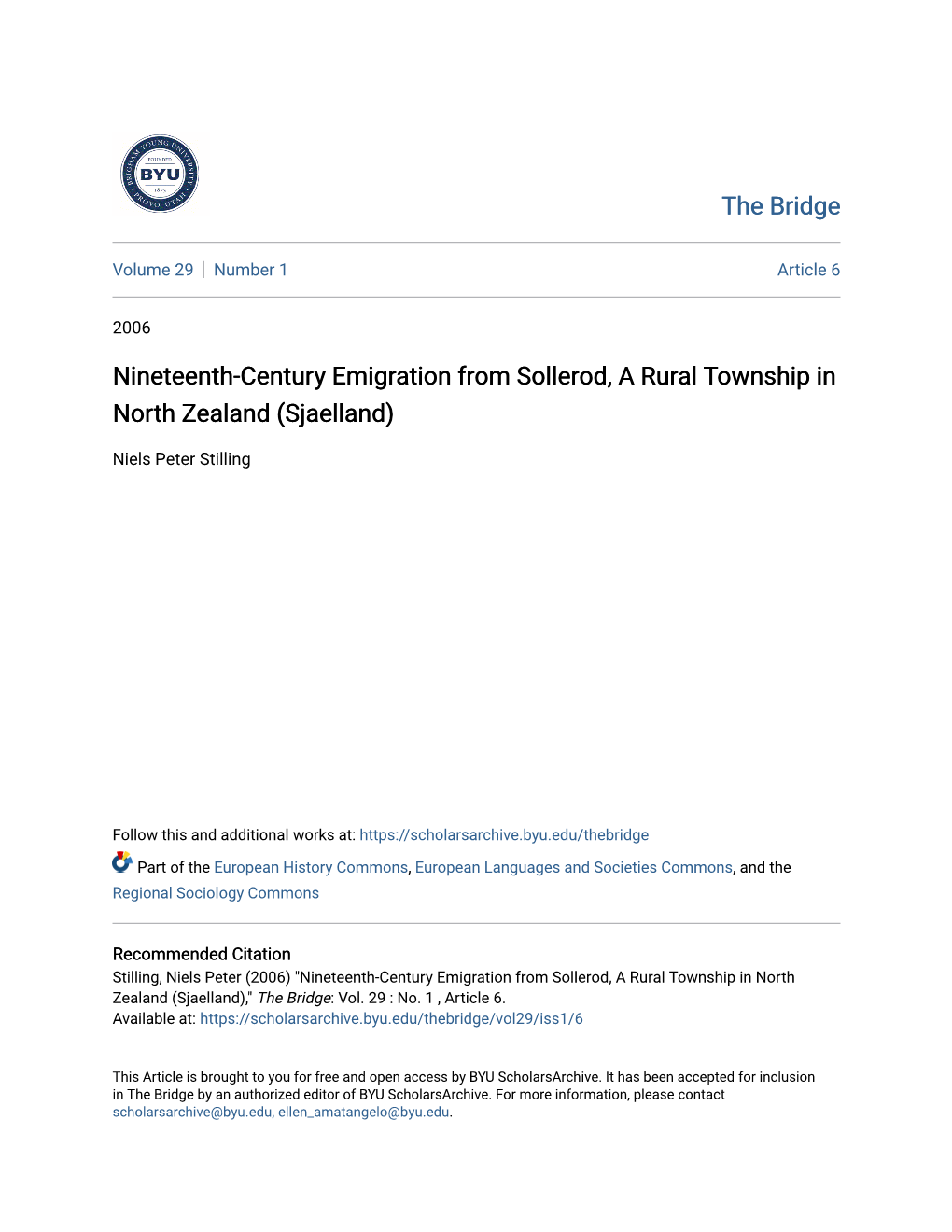 Nineteenth-Century Emigration from Sollerod, a Rural Township in North Zealand (Sjaelland)