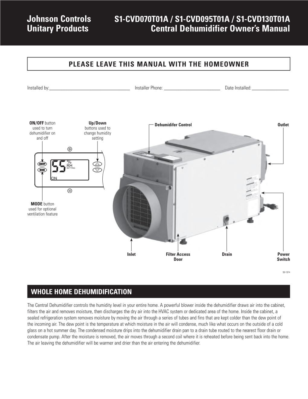 Johnson Controls Unitary Products Central Dehumidifier Owner's Manual