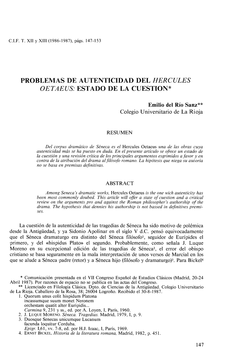 Problemas De Autenticidad Del Hercules Oetaeus: Estado De La Cuestion*