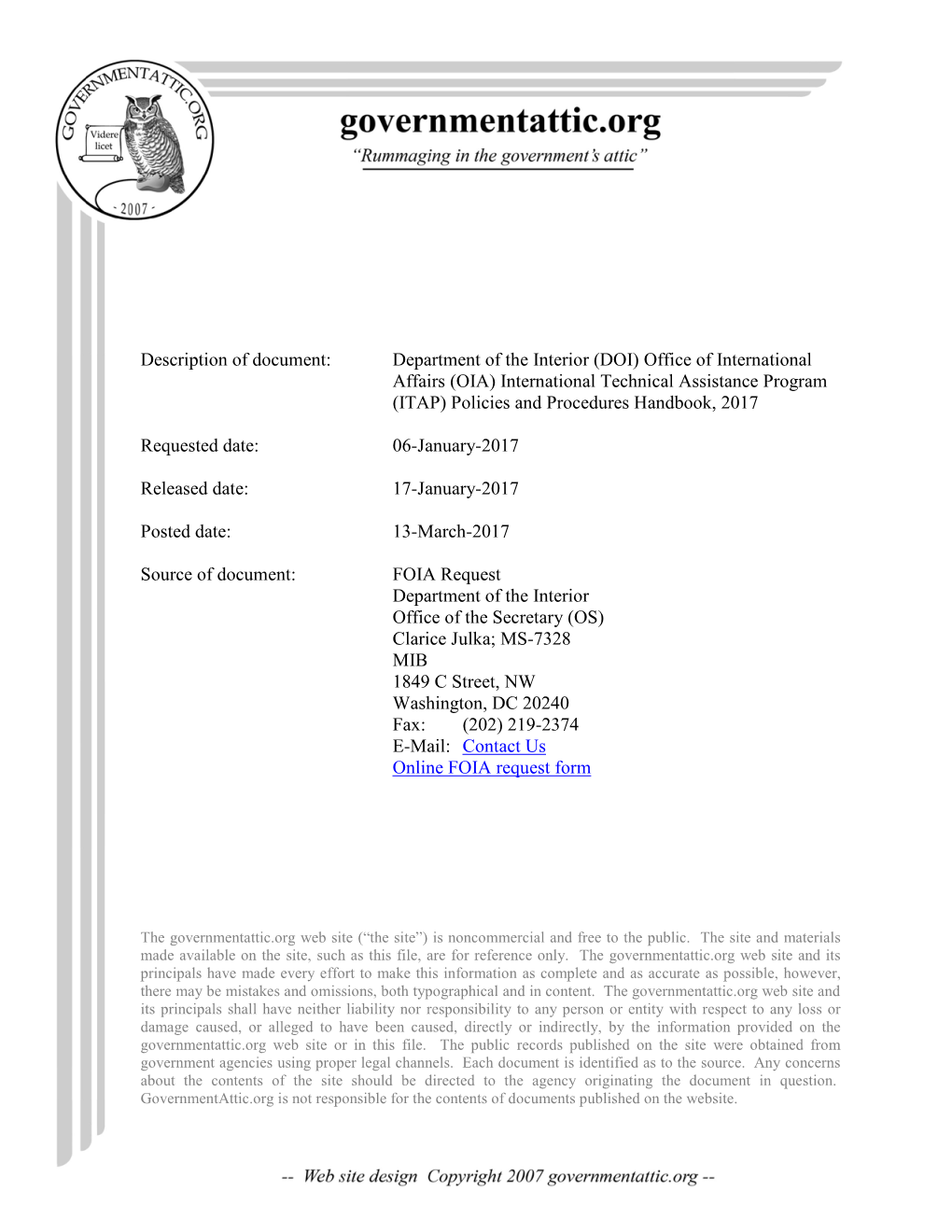 Department of the Interior (DOI) Office of International Affairs (OIA) International Technical Assistance Program (ITAP) Policies and Procedures Handbook, 2017