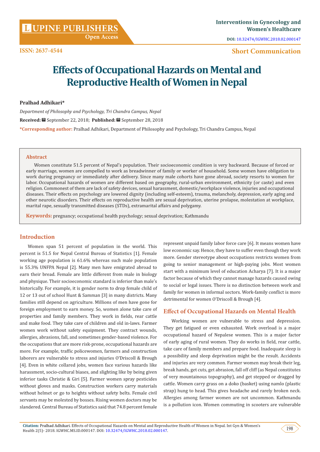 Effects of Occupational Hazards on Mental and Reproductive Health of Women in Nepal