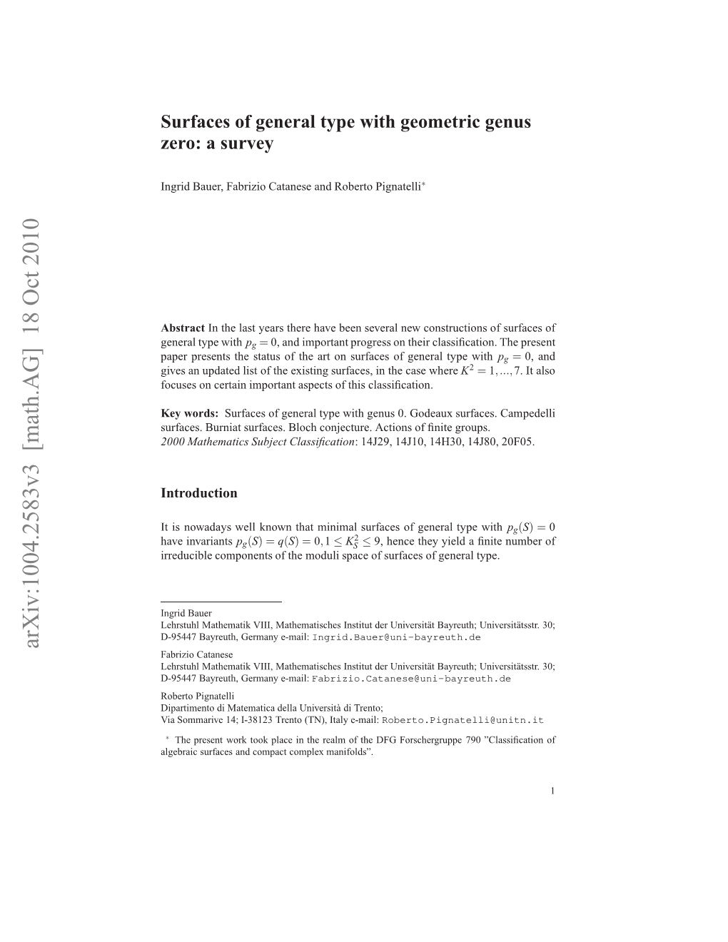 Surfaces of General Type with Geometric Genus Zero: a Survey 3