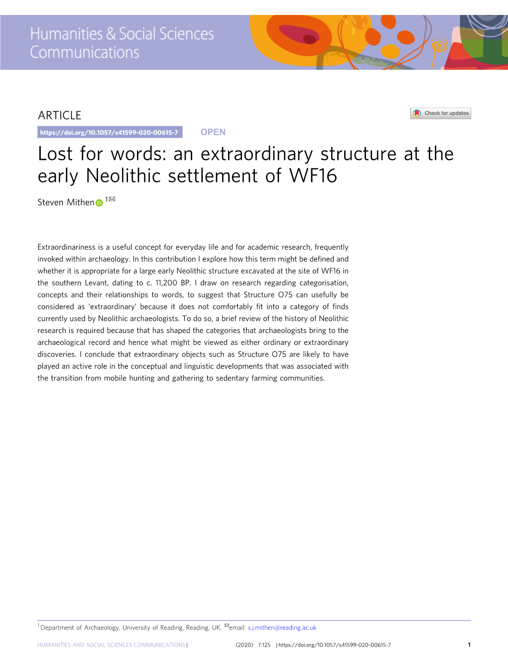 An Extraordinary Structure at the Early Neolithic Settlement of WF16 ✉ Steven Mithen 1