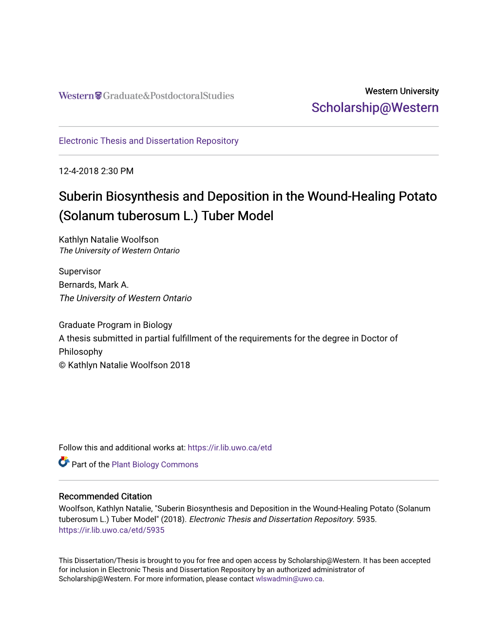 Suberin Biosynthesis and Deposition in the Wound-Healing Potato (Solanum Tuberosum L.) Tuber Model