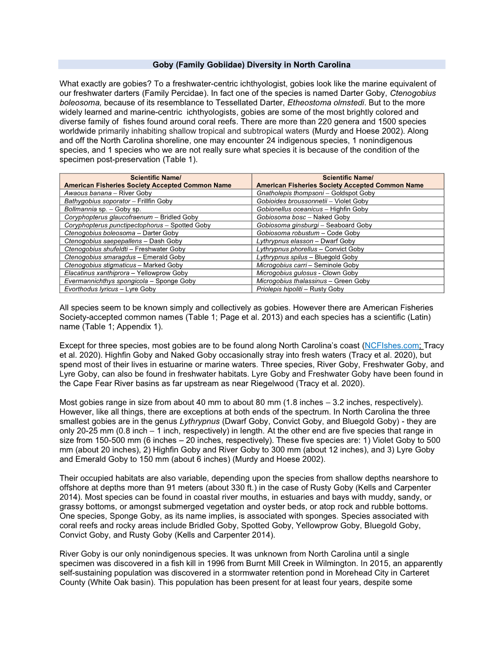 Goby (Family Gobiidae) Diversity in North Carolina