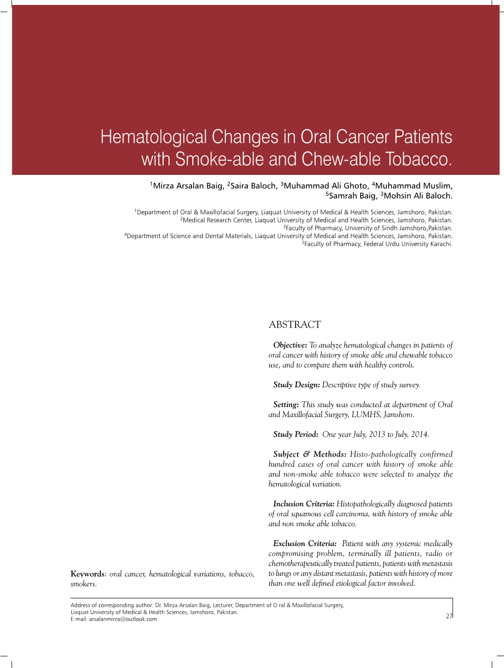 Hematological Changes in Oral Cancer Patients with Smoke-Able and Chew-Able Tobacco