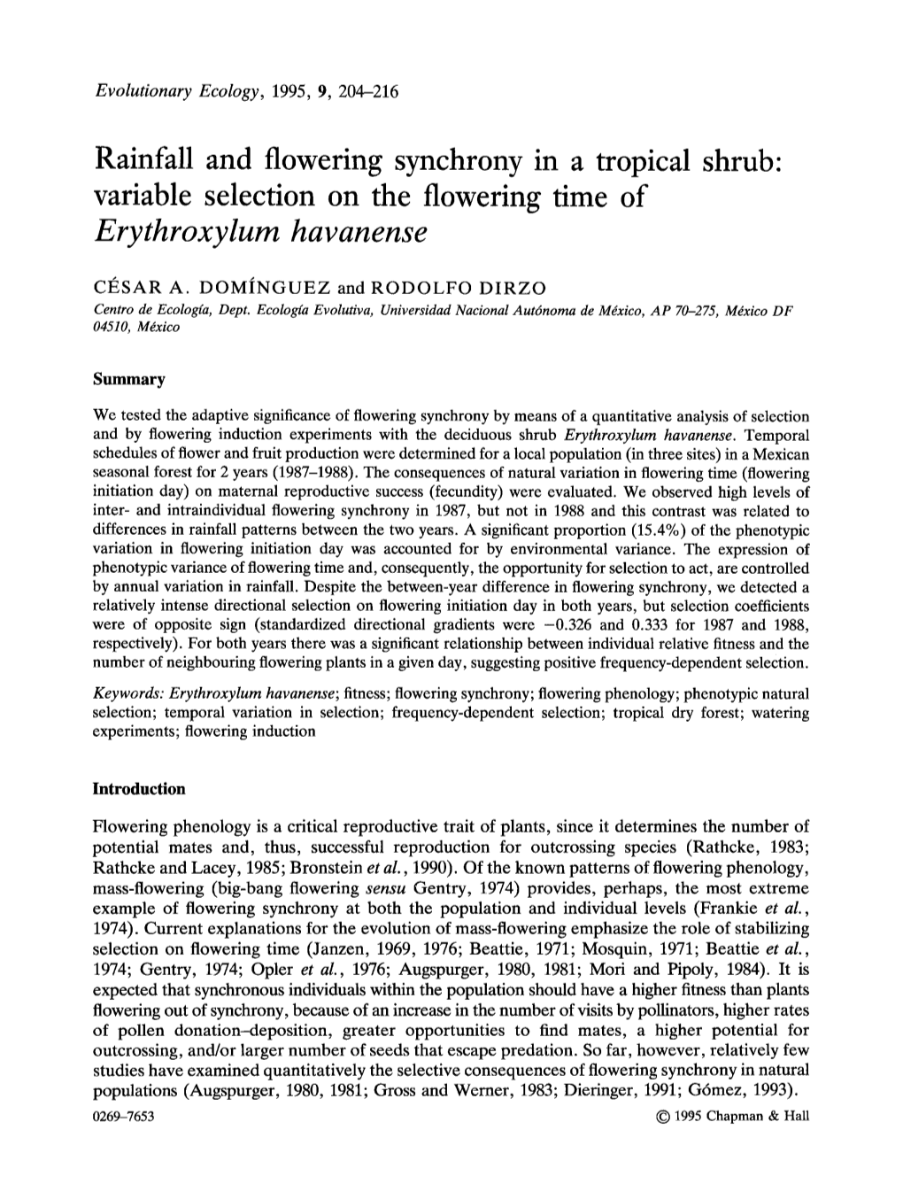 Rainfall and Flowering Synchrony in a Tropical Shrub: Variable Selection on the Flowering Time of Erythroxylum Havanense