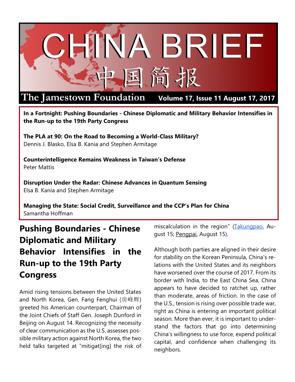 Pushing Boundaries - Chinese Diplomatic and Military Behavior Intensifies in the Run-Up to the 19Th Party Congress