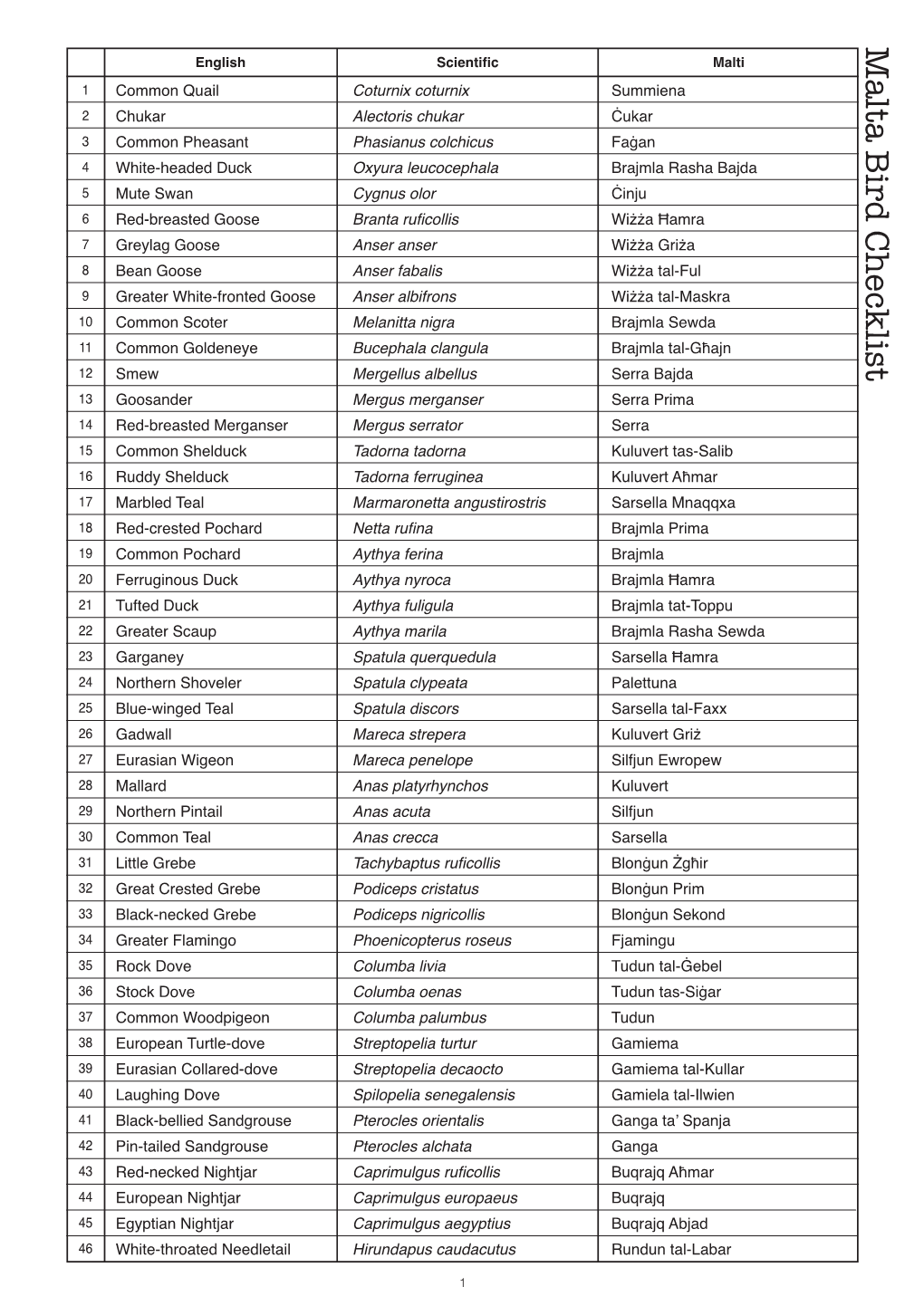 Malta Bird Checklist