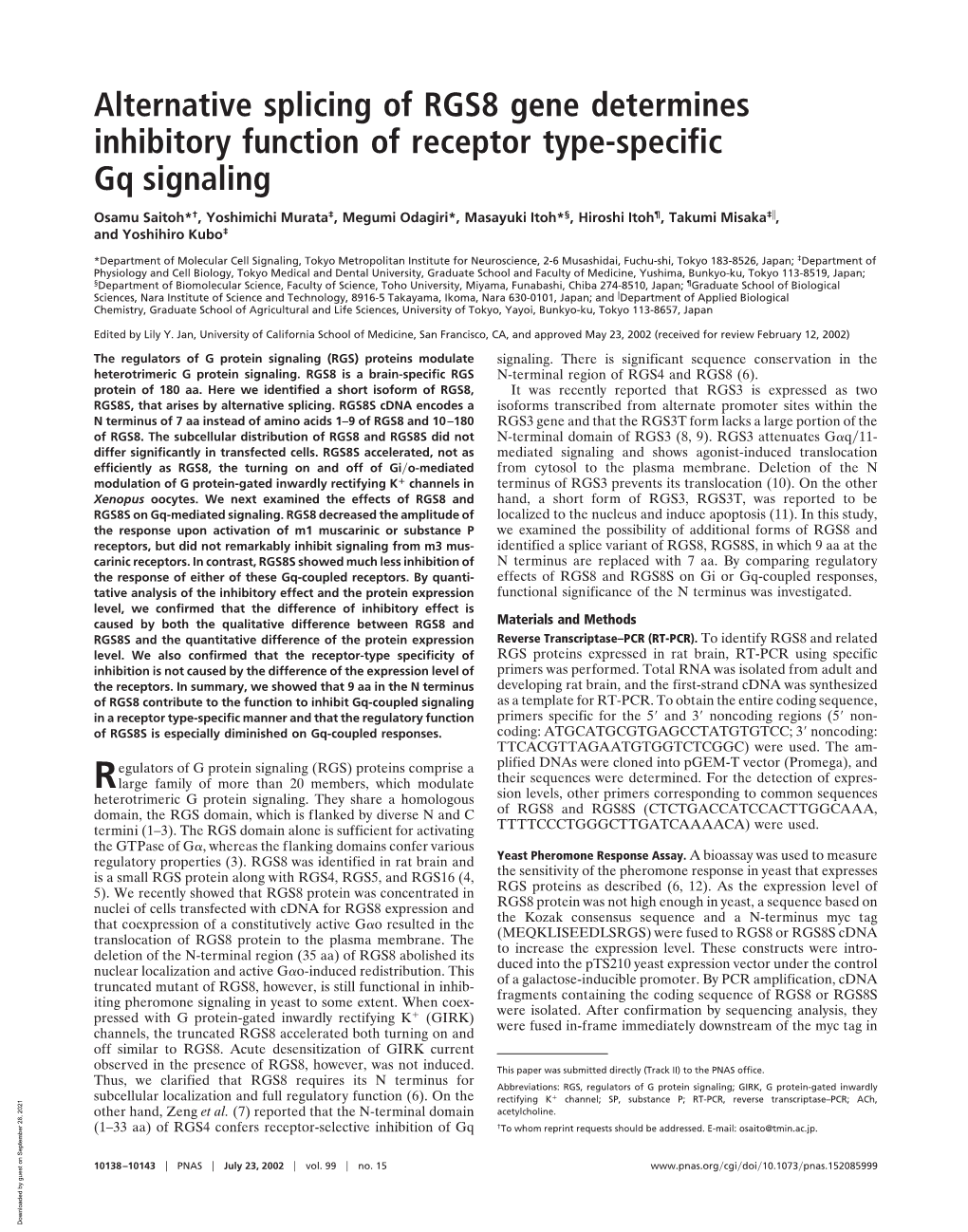 Alternative Splicing of RGS8 Gene Determines Inhibitory Function of Receptor Type-Specific Gq Signaling