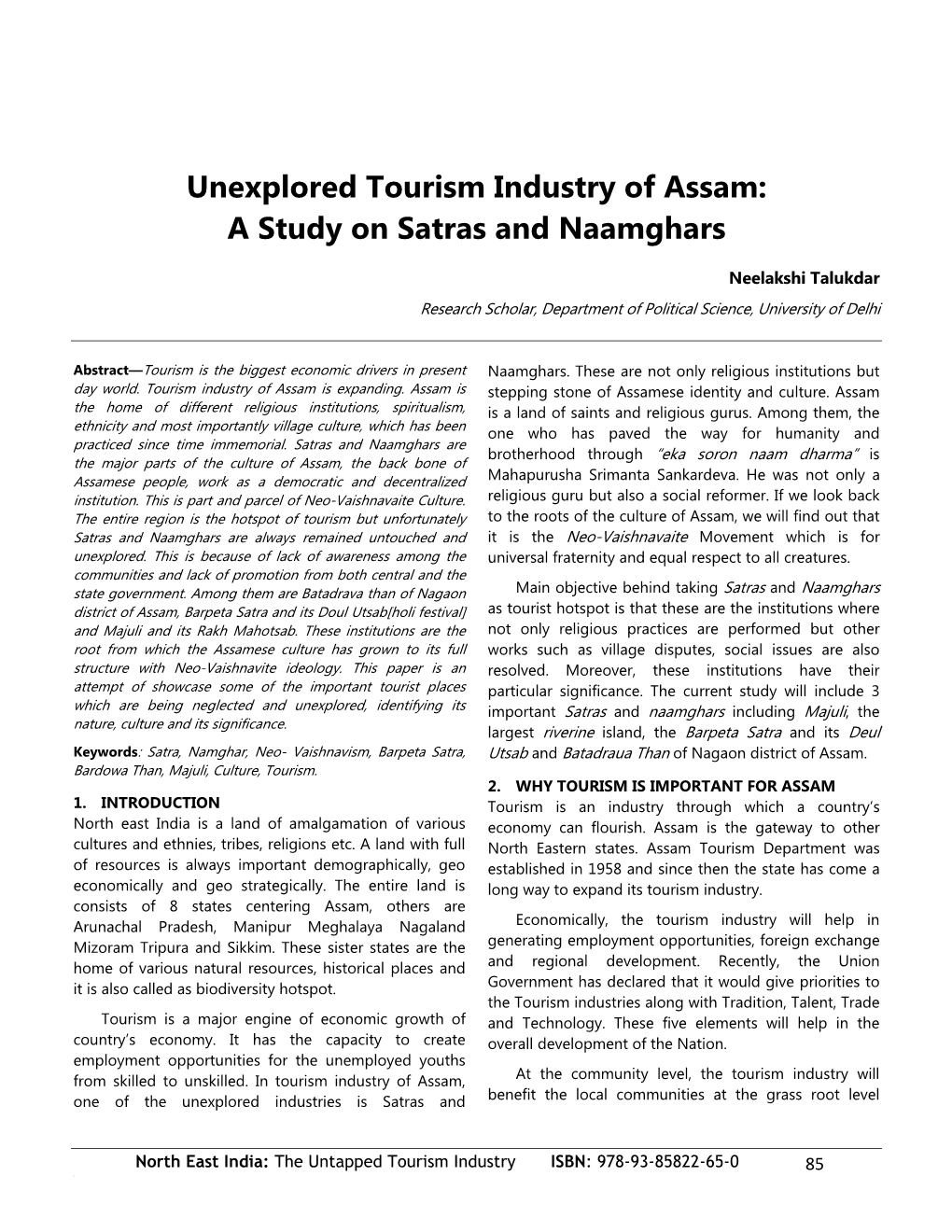 Unexplored Tourism Industry of Assam: a Study on Satras and Naamghars