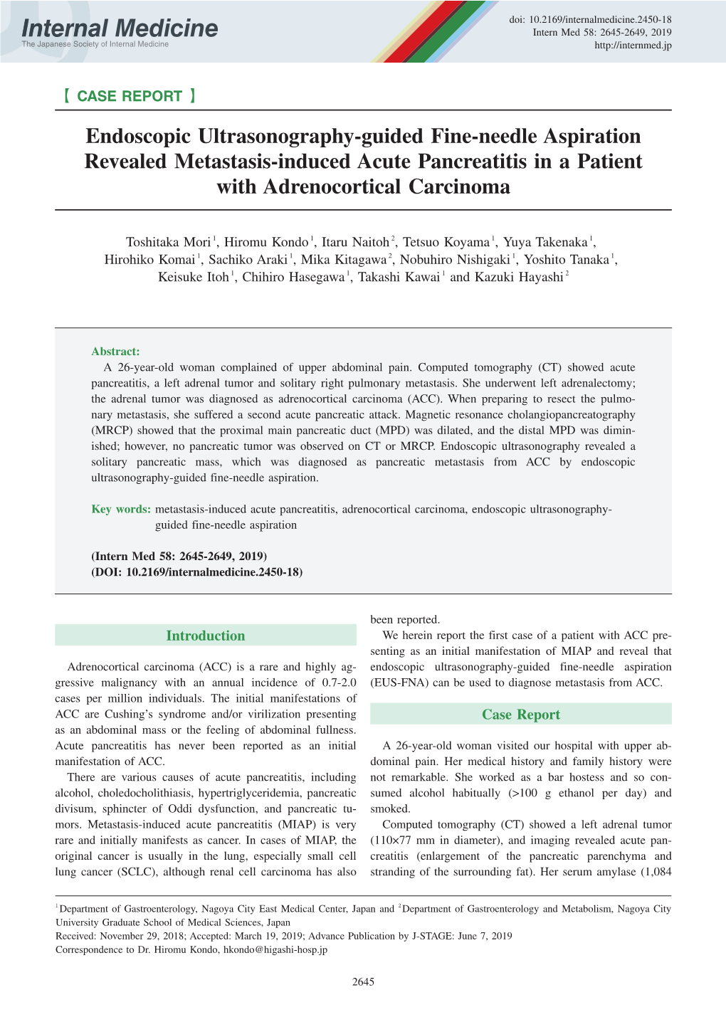 Endoscopic Ultrasonography-Guided Fine-Needle Aspiration Revealed Metastasis-Induced Acute Pancreatitis in a Patient with Adrenocortical Carcinoma