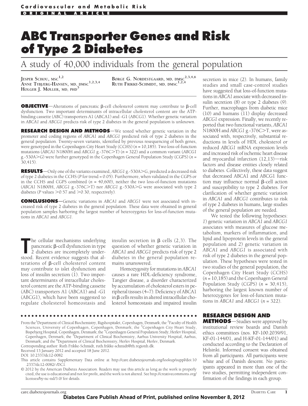 ABC Transporter Genes and Risk of Type 2 Diabetes a Study of 40,000 Individuals from the General Population