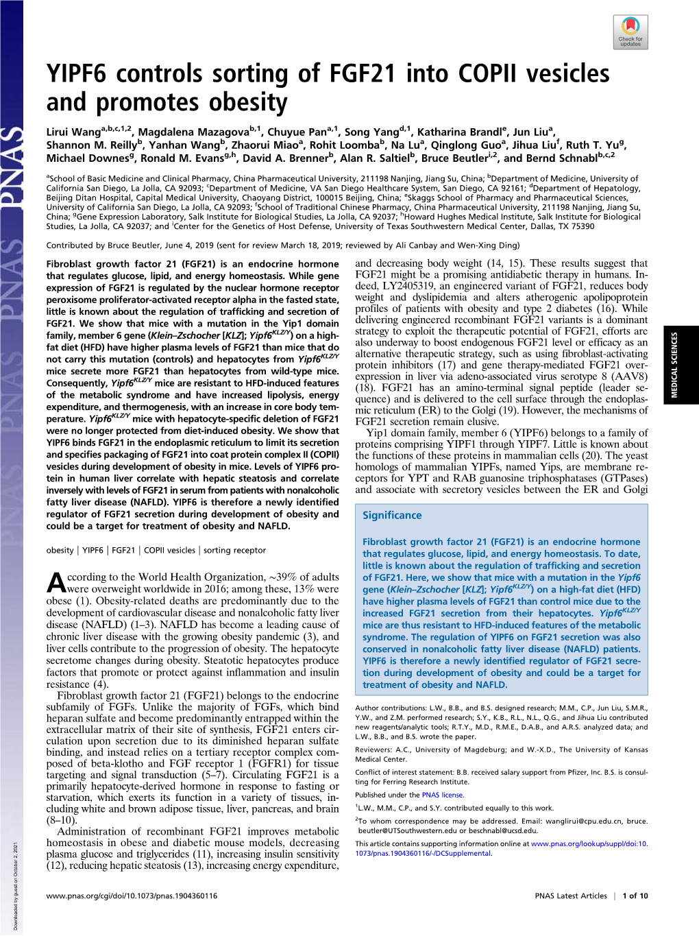 YIPF6 Controls Sorting of FGF21 Into COPII Vesicles and Promotes Obesity