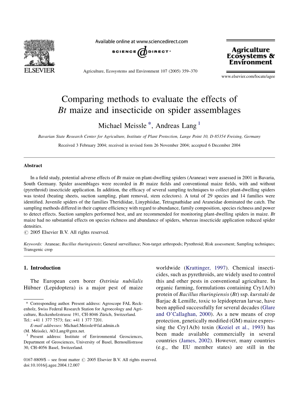 Comparing Methods to Evaluate the Effects of Bt Maize and Insecticide on Spider Assemblages