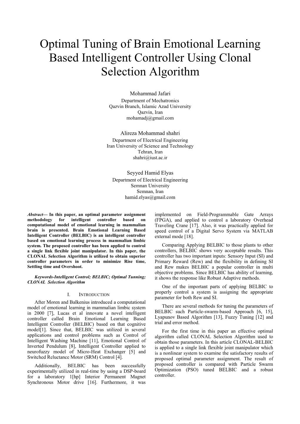 Optimal Tuning of Brain Emotional Learning Based Intelligent Controller Using Clonal Selection Algorithm