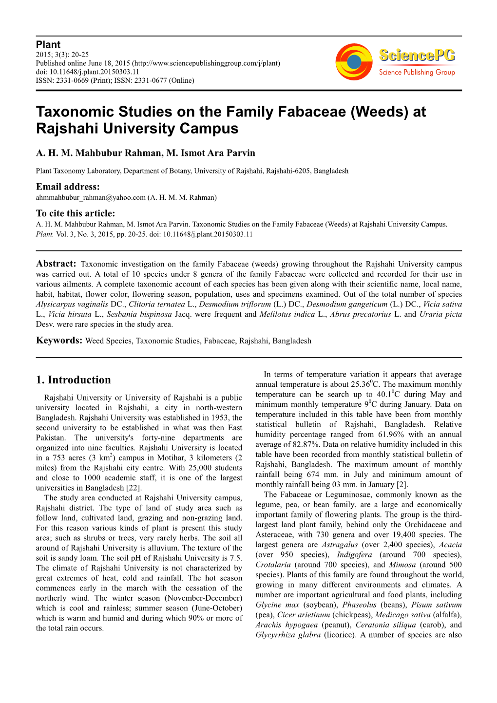 Taxonomic Studies on the Family Fabaceae (Weeds) at Rajshahi University Campus