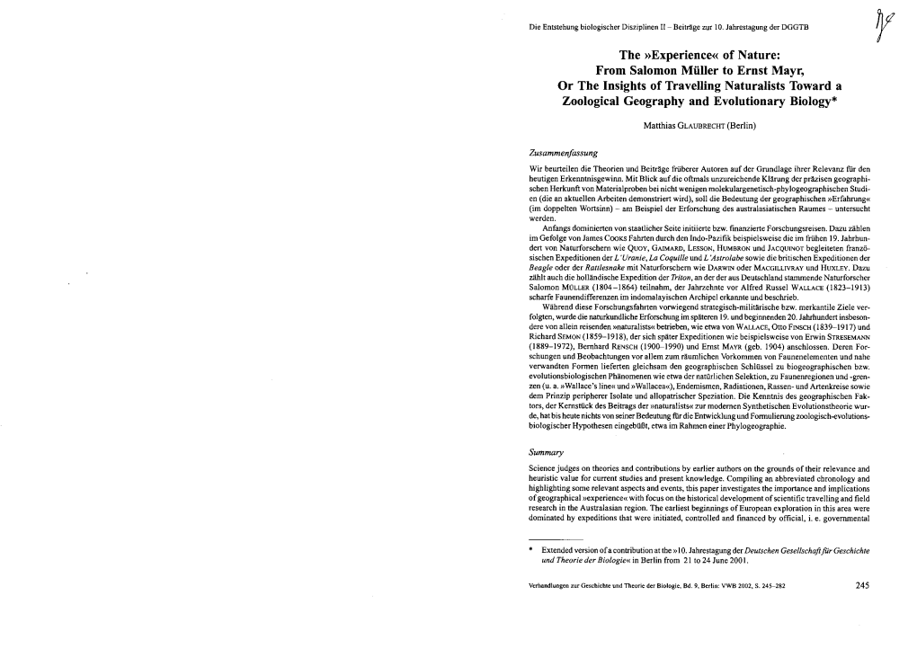 Experience« of Nature: from Salomon Müller to Ernst Mayr, Or the Lnsights of Travelling Naturalists Toward a Zoological Geography and Evolutionary Biology*