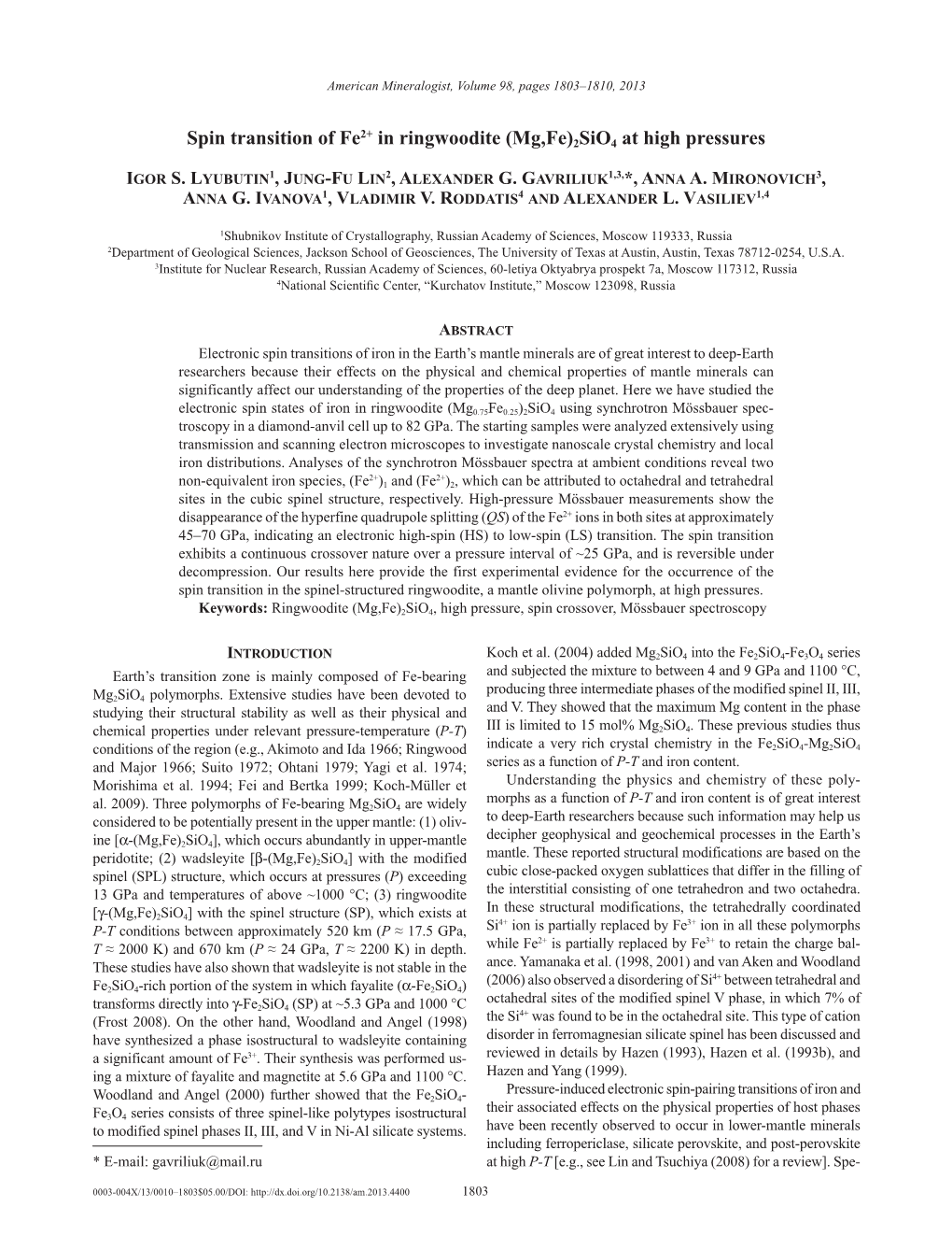 Spin Transition of Fe2+ in Ringwoodite (Mg,Fe)2Sio4 at High Pressures