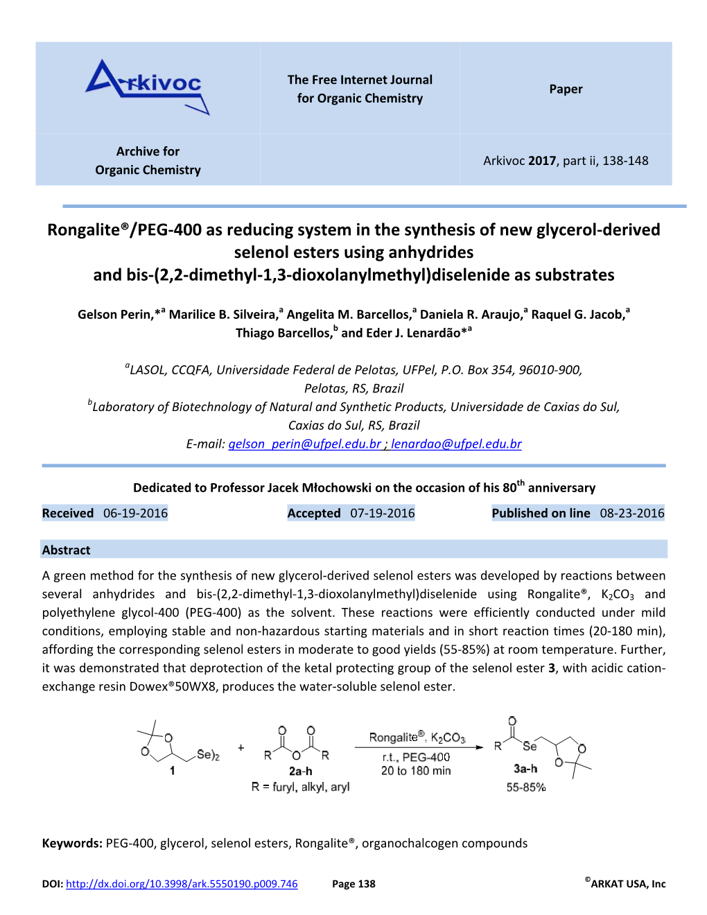 Rongalite®/PEG-400 As Reducing System in the Synthesis Of