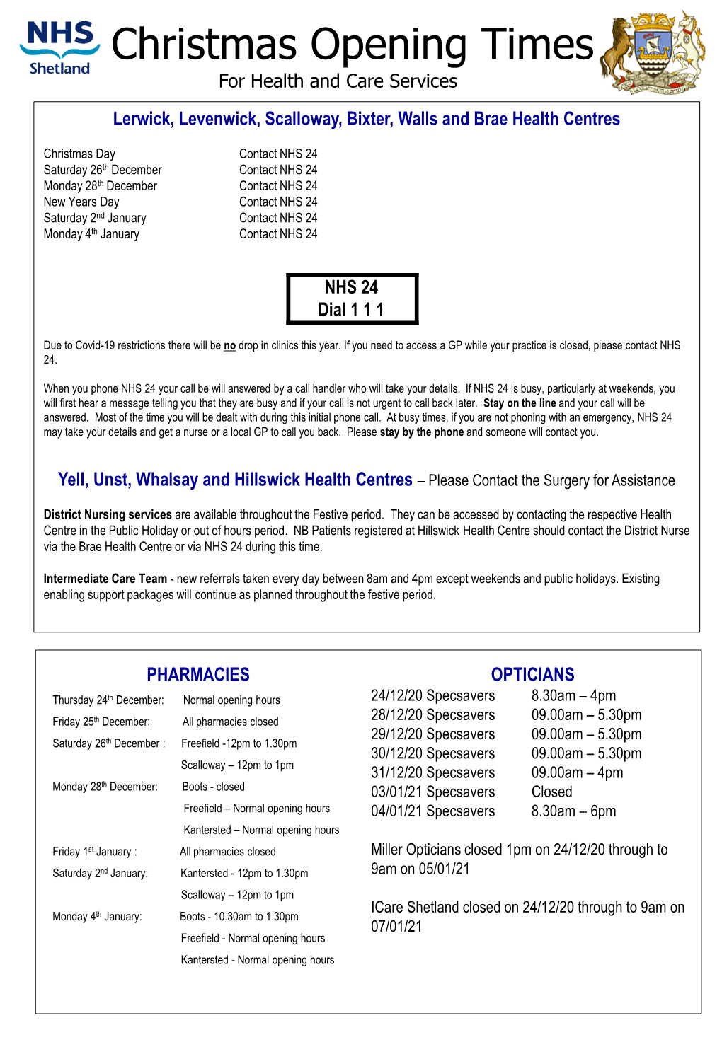 Christmas Opening Times for Health and Care Services Lerwick, Levenwick, Scalloway, Bixter, Walls and Brae Health Centres