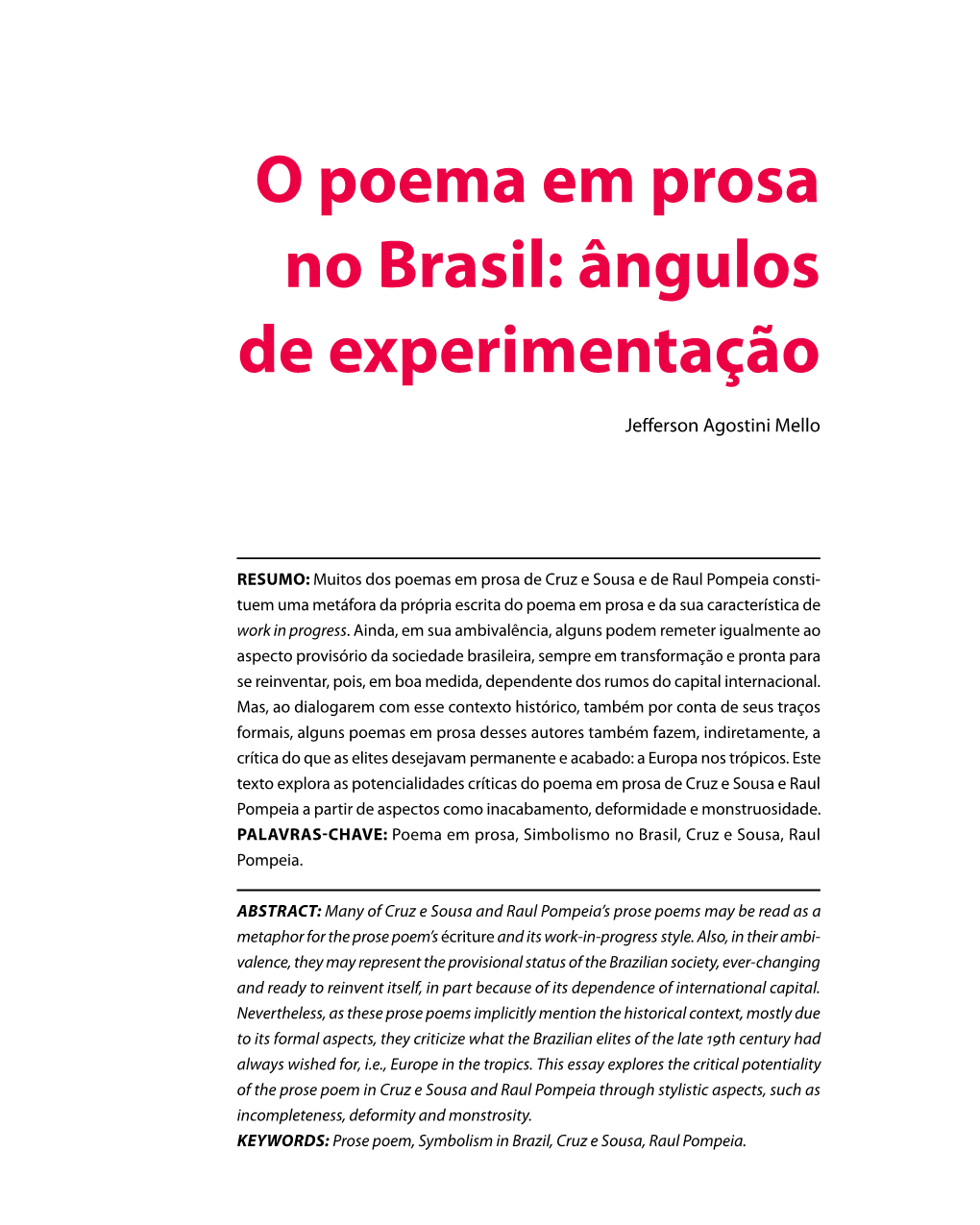 O Poema Em Prosa No Brasil: Ângulos De Experimentação