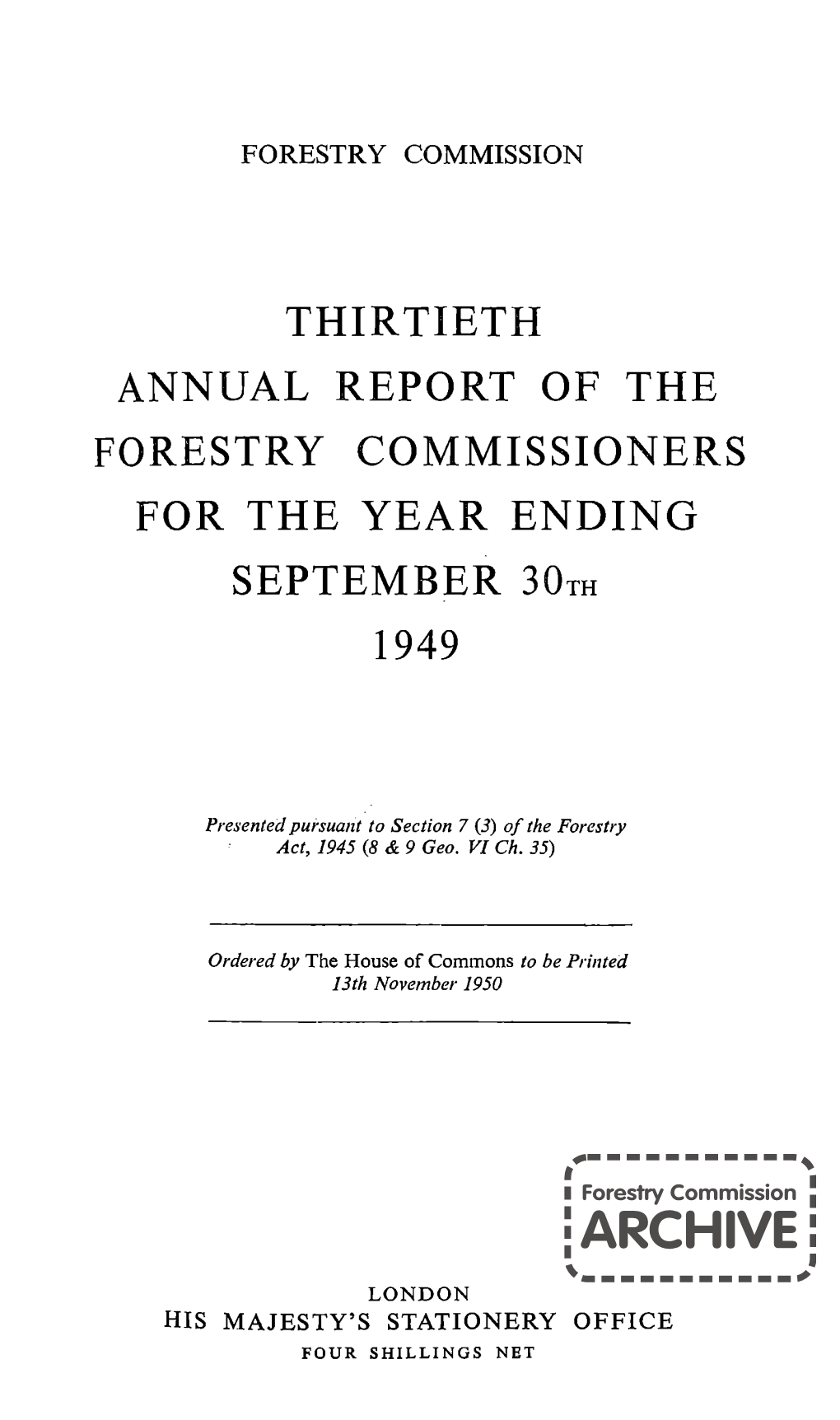 Forestry Commission 30Th Annual Report 1949
