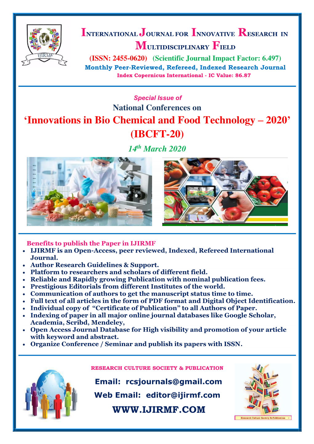 'Innovations in Bio Chemical and Food Technology – 2020' (IBCFT-20)