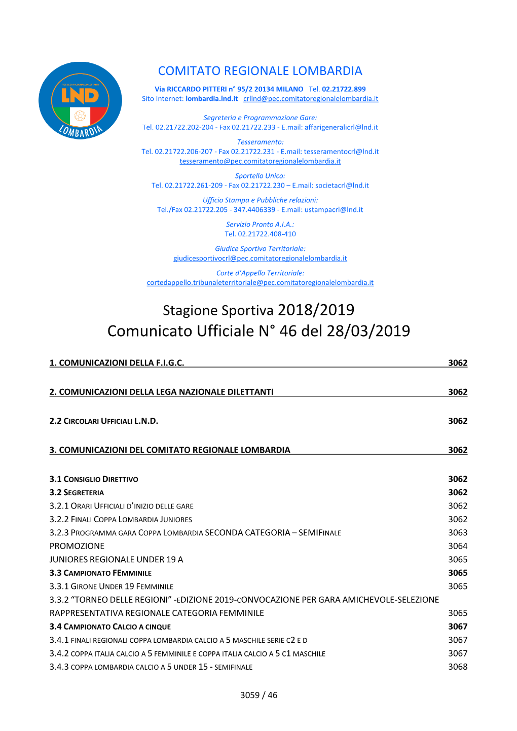 Comunicato Ufficiale N° 46 Del 28/03/2019