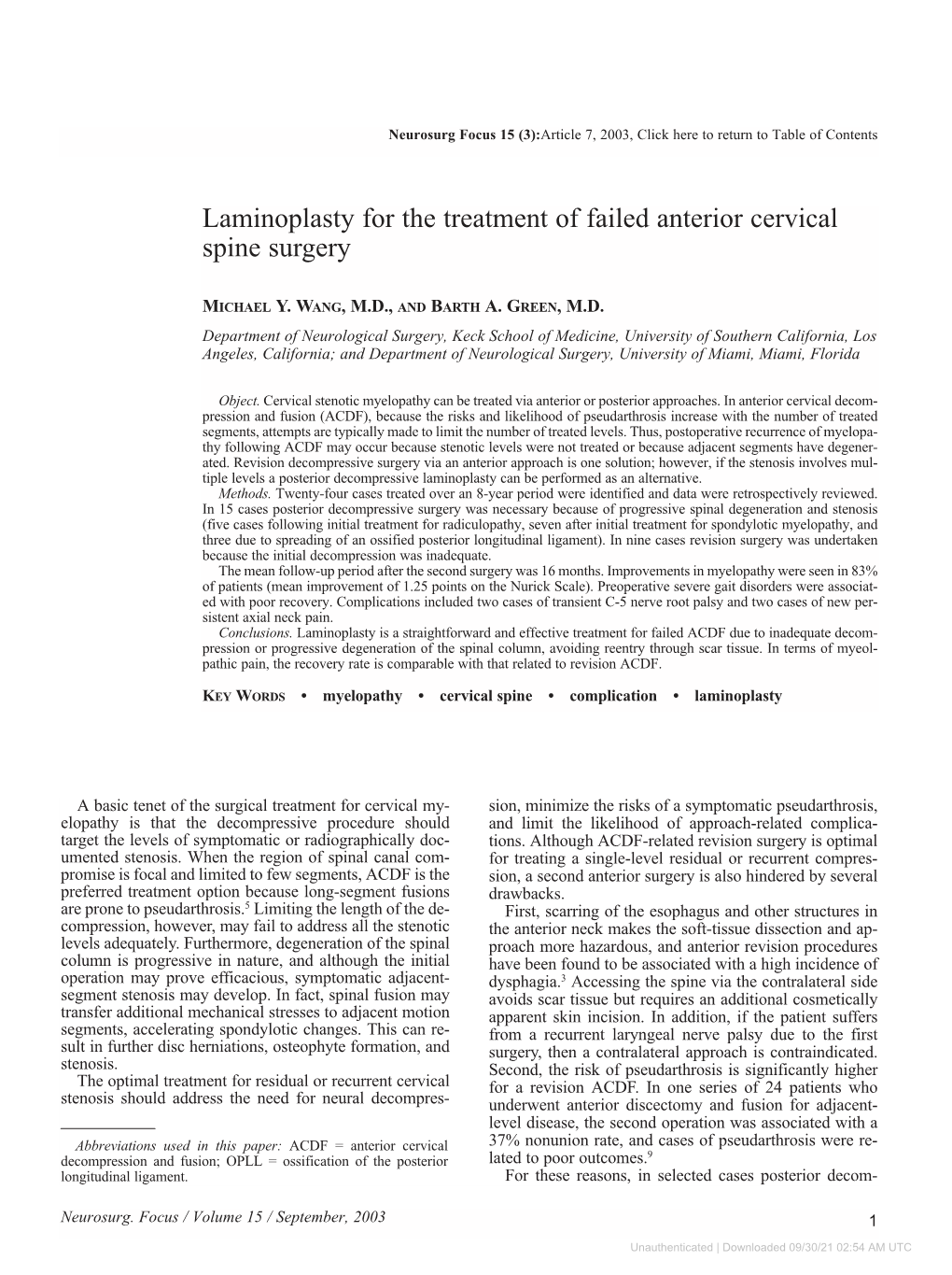 Laminoplasty for the Treatment of Failed Anterior Cervical Spine Surgery