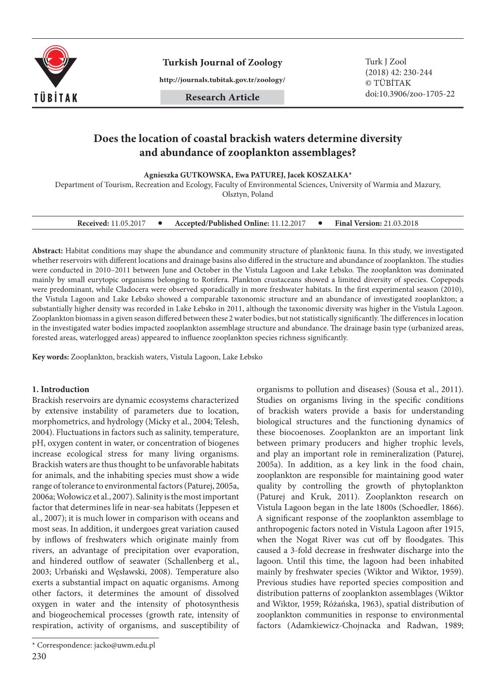 Does the Location of Coastal Brackish Waters Determine Diversity and Abundance of Zooplankton Assemblages?