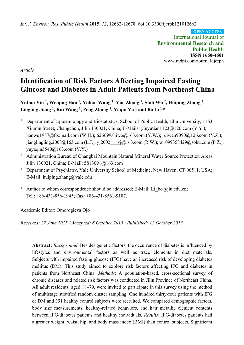 Identification of Risk Factors Affecting Impaired Fasting Glucose and Diabetes in Adult Patients from Northeast China
